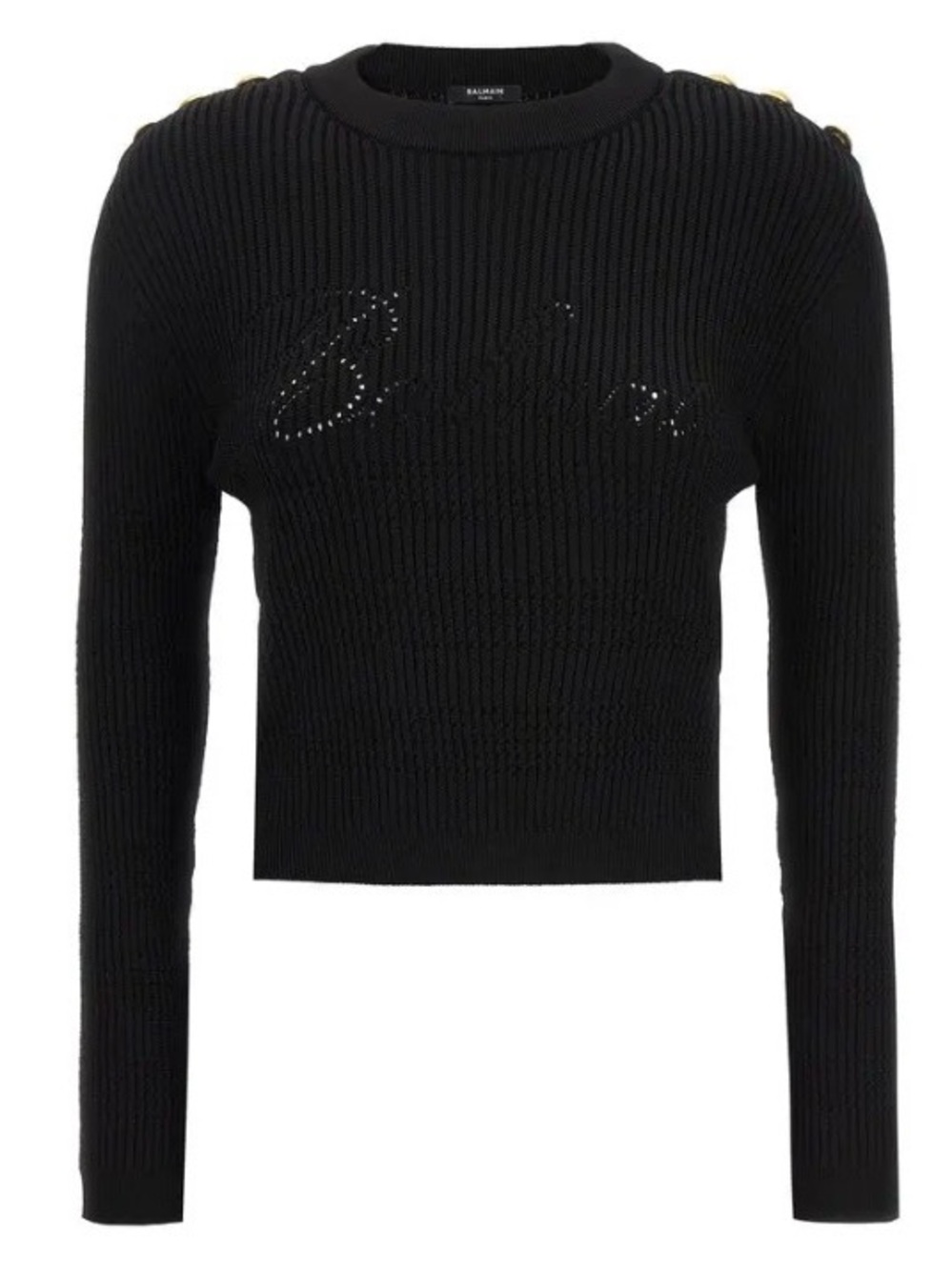 Balmain Black Ribbed Crew Sweater with Gold Shoulder Buttons